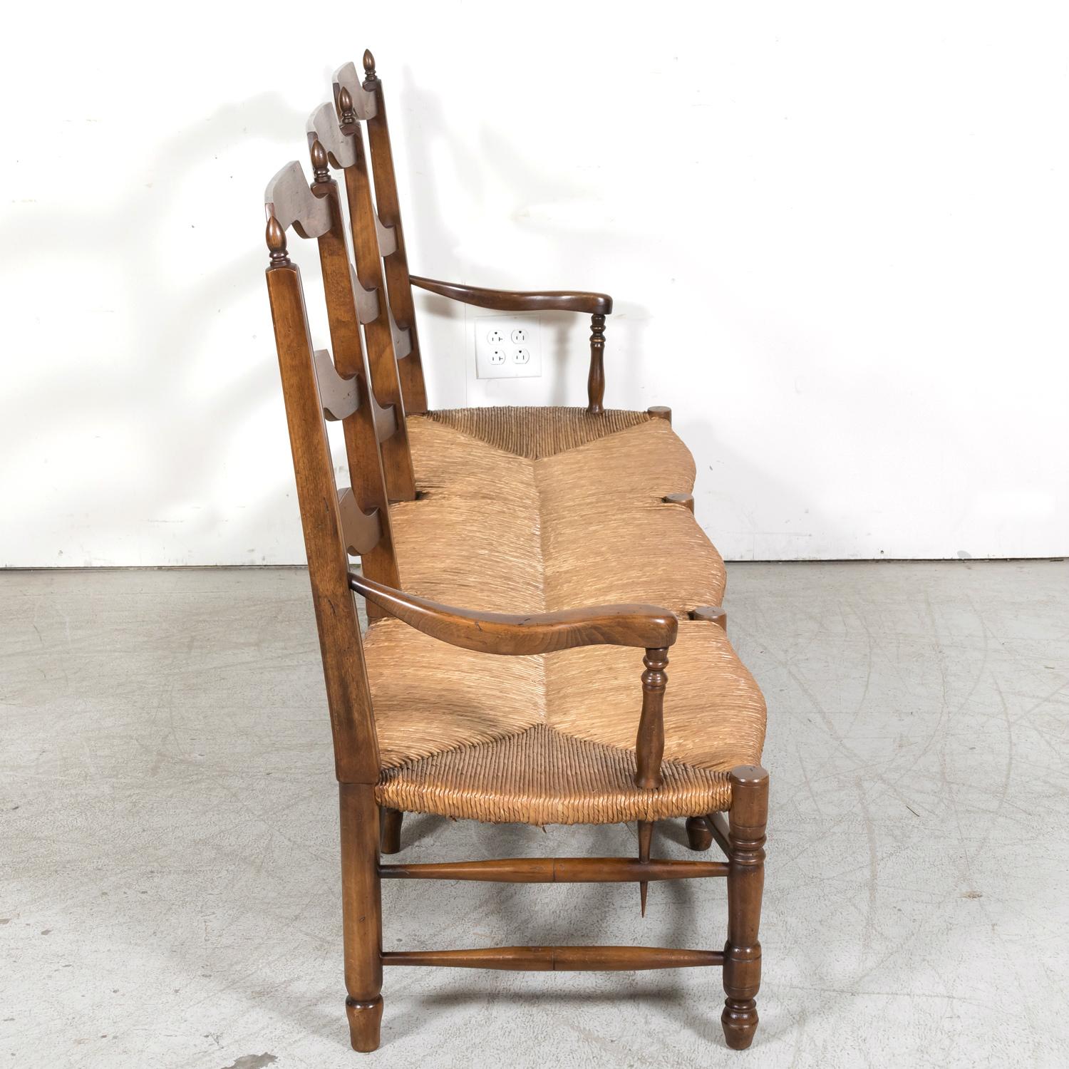 Antique Country French Walnut Ladder Back Settee or Radassier with Rush Seat For Sale 10
