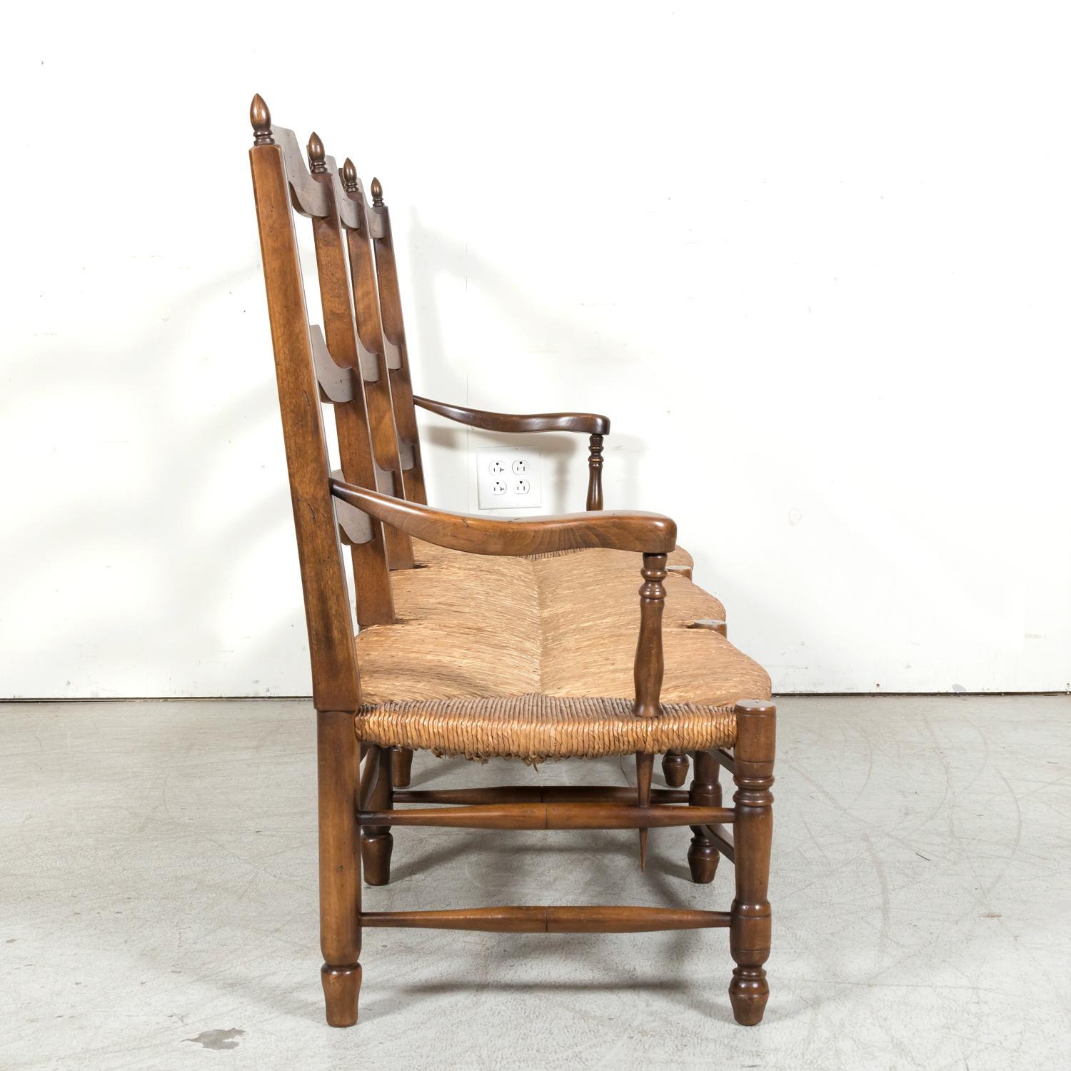 Antique Country French Walnut Ladder Back Settee or Radassier with Rush Seat For Sale 11