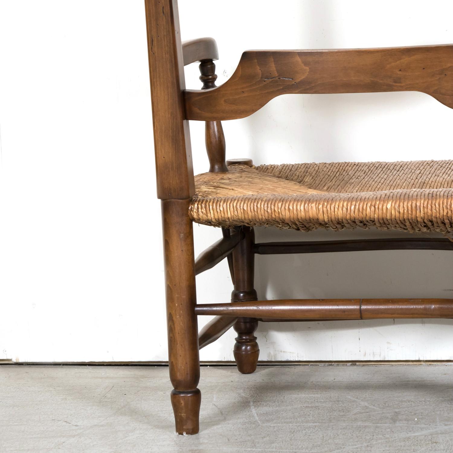 Antique Country French Walnut Ladder Back Settee or Radassier with Rush Seat For Sale 15