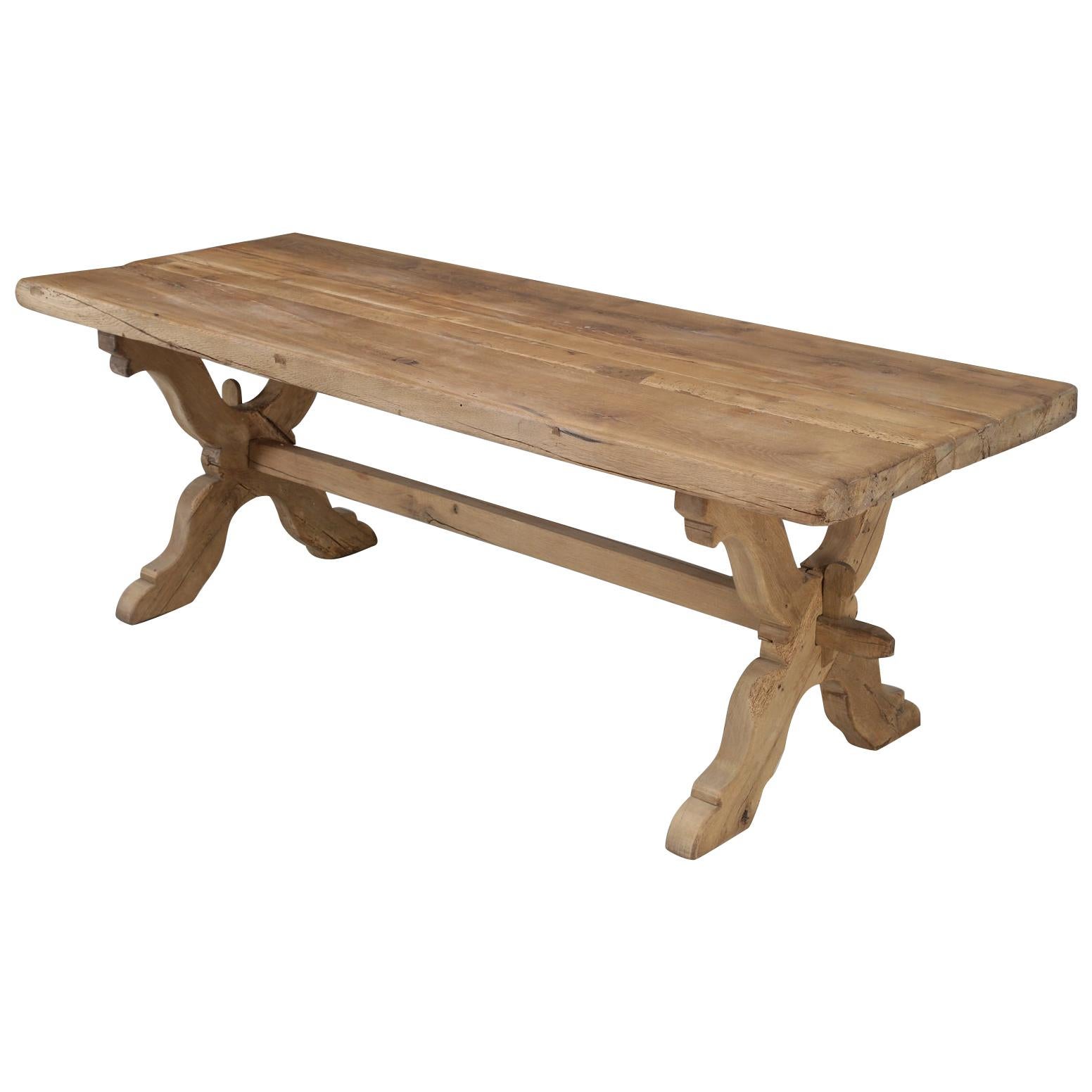 Antique Country French White Oak Trestle Dining Table with a Natural Patina