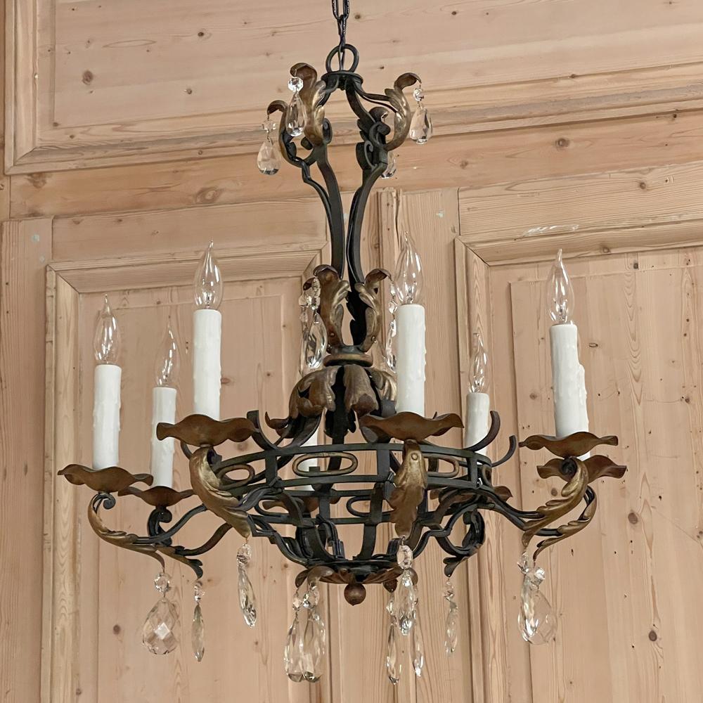Antique Country French Wrought Iron and Crystal Chandelier 5
