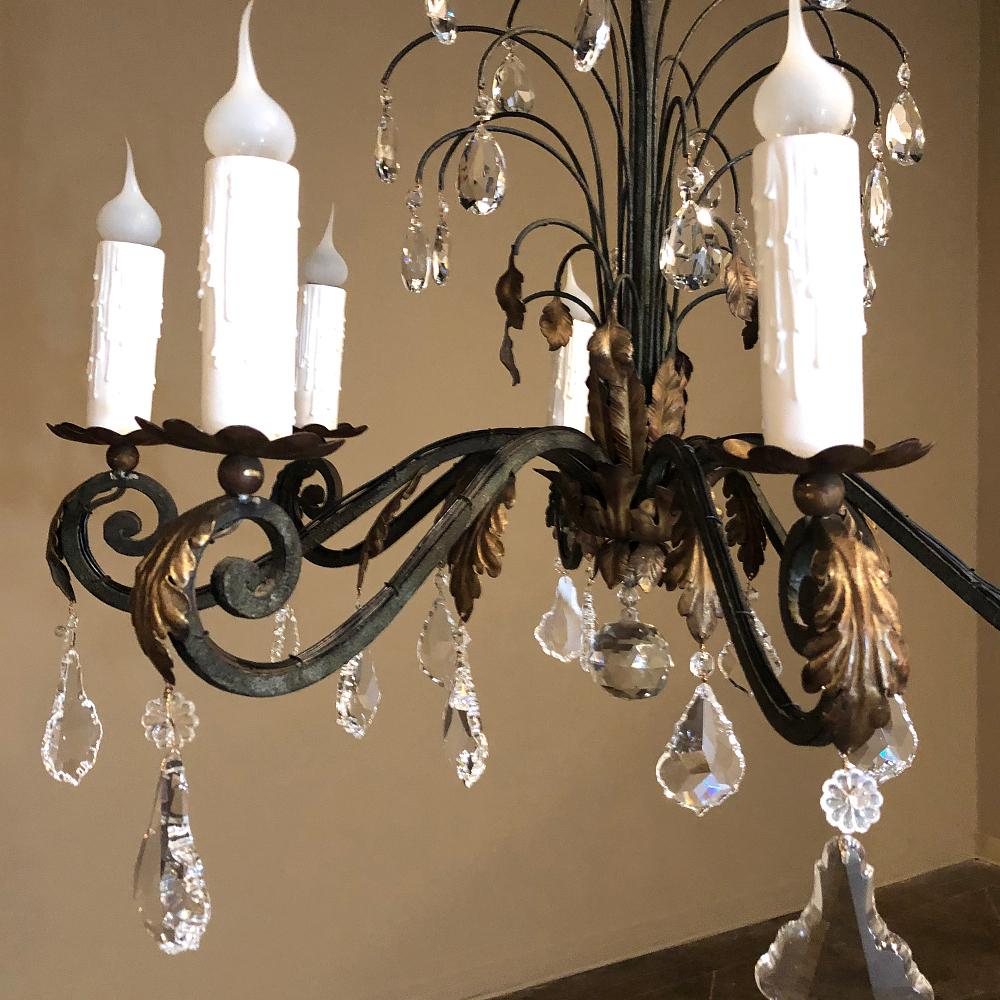 Antique Country French Wrought Iron and Crystal Chandelier For Sale 4