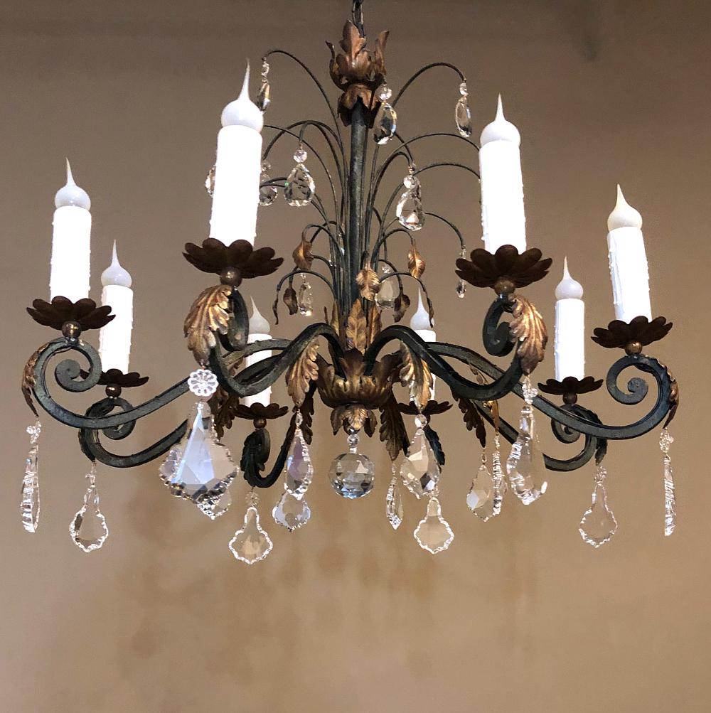 Antique Country French Wrought Iron and Crystal Chandelier For Sale 6
