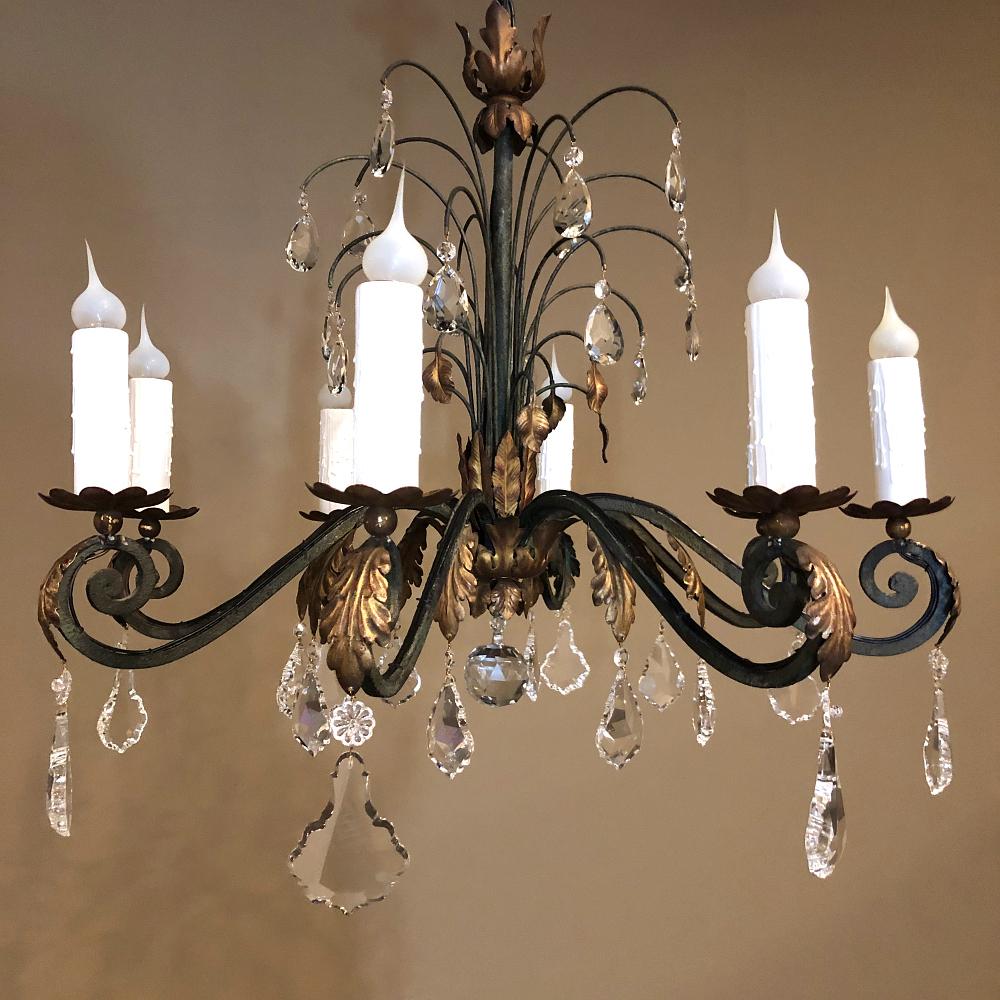 Antique Country French Wrought Iron and Crystal Chandelier For Sale 7