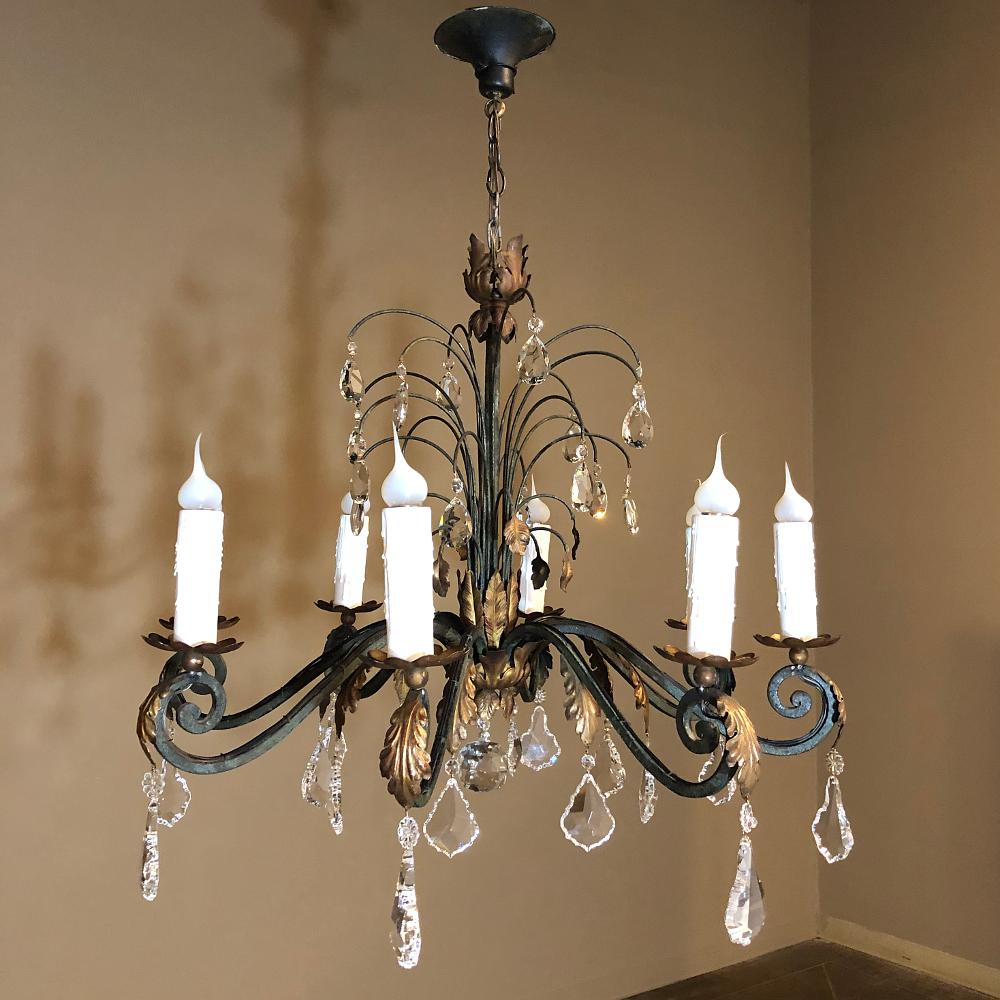 French Provincial Antique Country French Wrought Iron and Crystal Chandelier For Sale