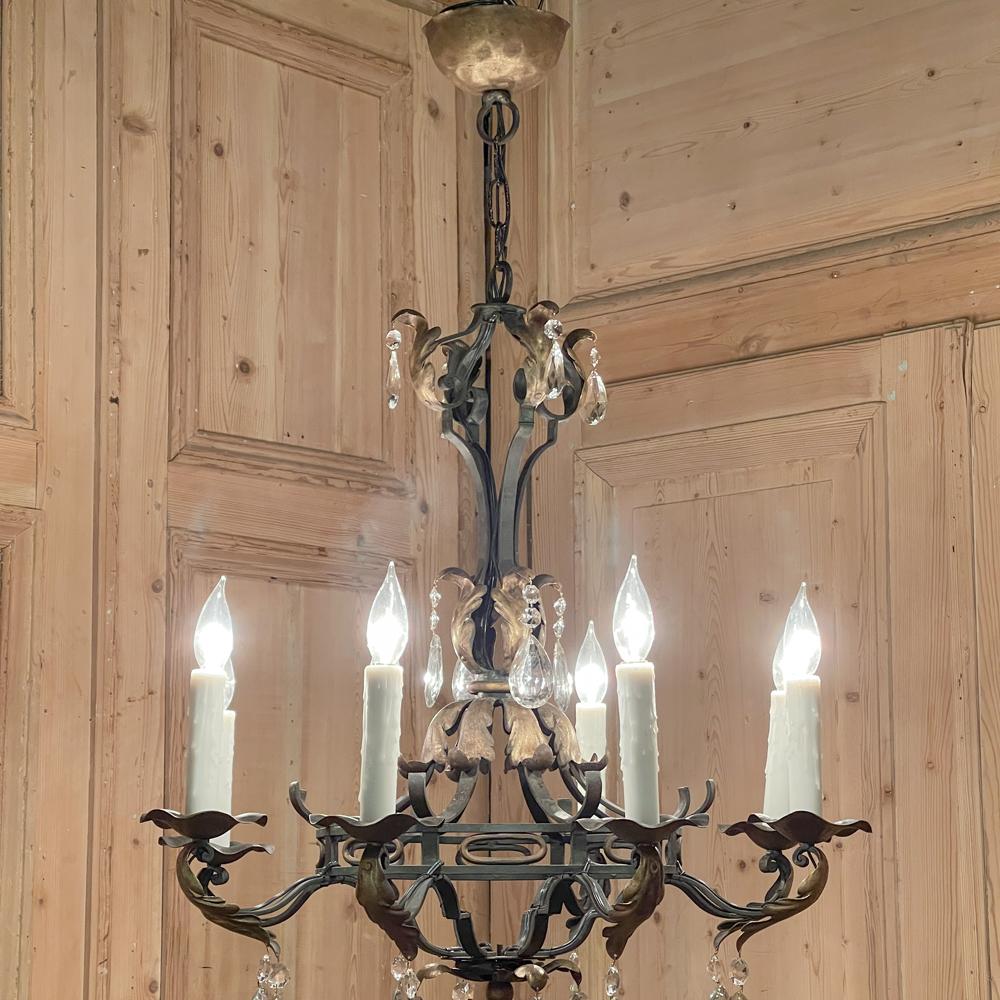 Hand-Crafted Antique Country French Wrought Iron and Crystal Chandelier