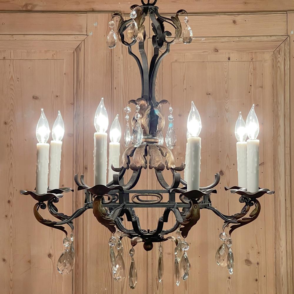 Antique Country French Wrought Iron and Crystal Chandelier In Good Condition In Dallas, TX