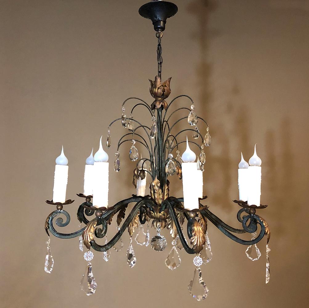 Hand-Crafted Antique Country French Wrought Iron and Crystal Chandelier For Sale