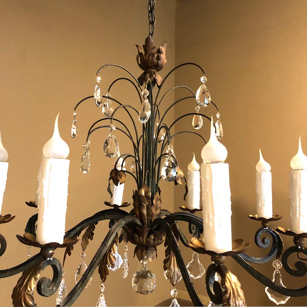 20th Century Antique Country French Wrought Iron and Crystal Chandelier For Sale