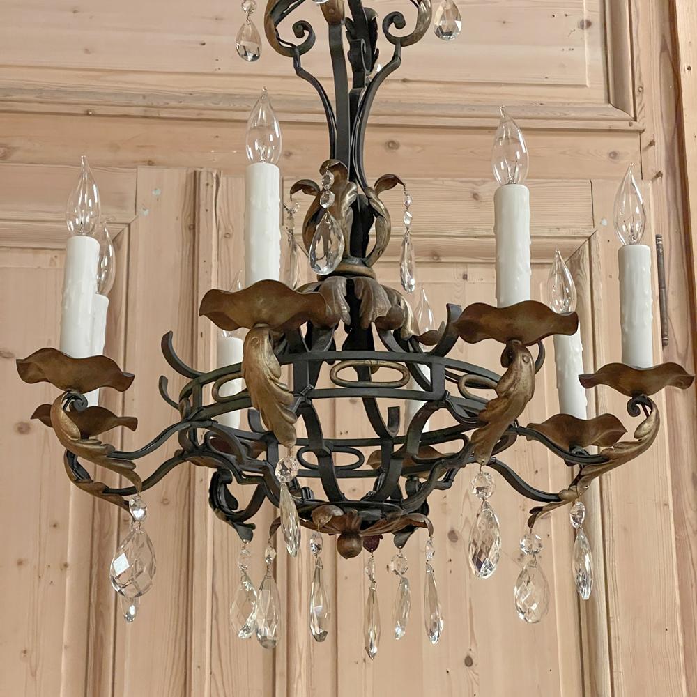 Antique Country French Wrought Iron and Crystal Chandelier 2
