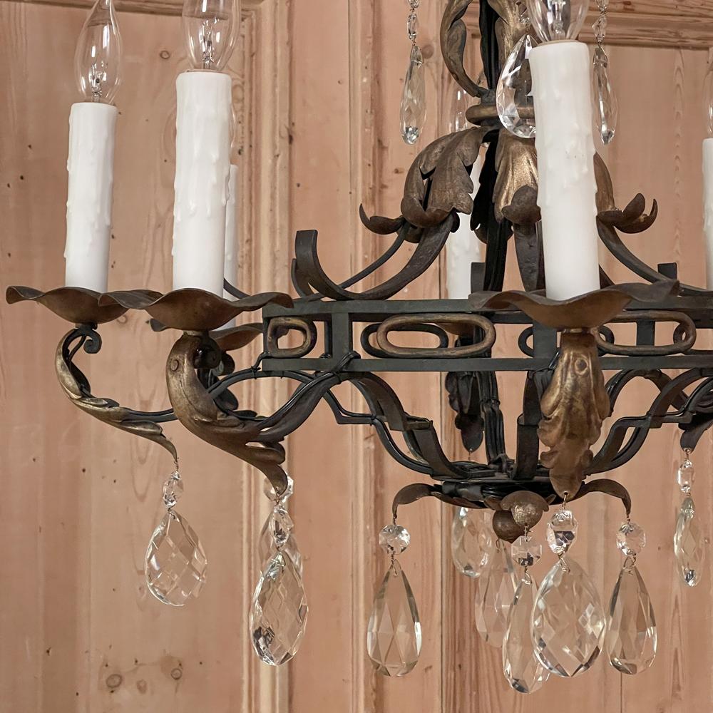 Antique Country French Wrought Iron and Crystal Chandelier 4