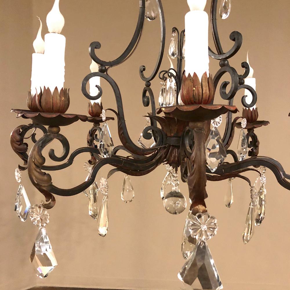 Antique Country French Wrought Iron & Crystal Chandelier For Sale 4