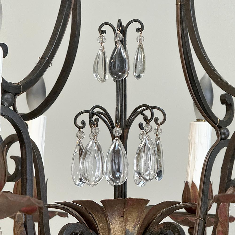 Antique Country French Wrought Iron & Crystal Chandelier For Sale 4