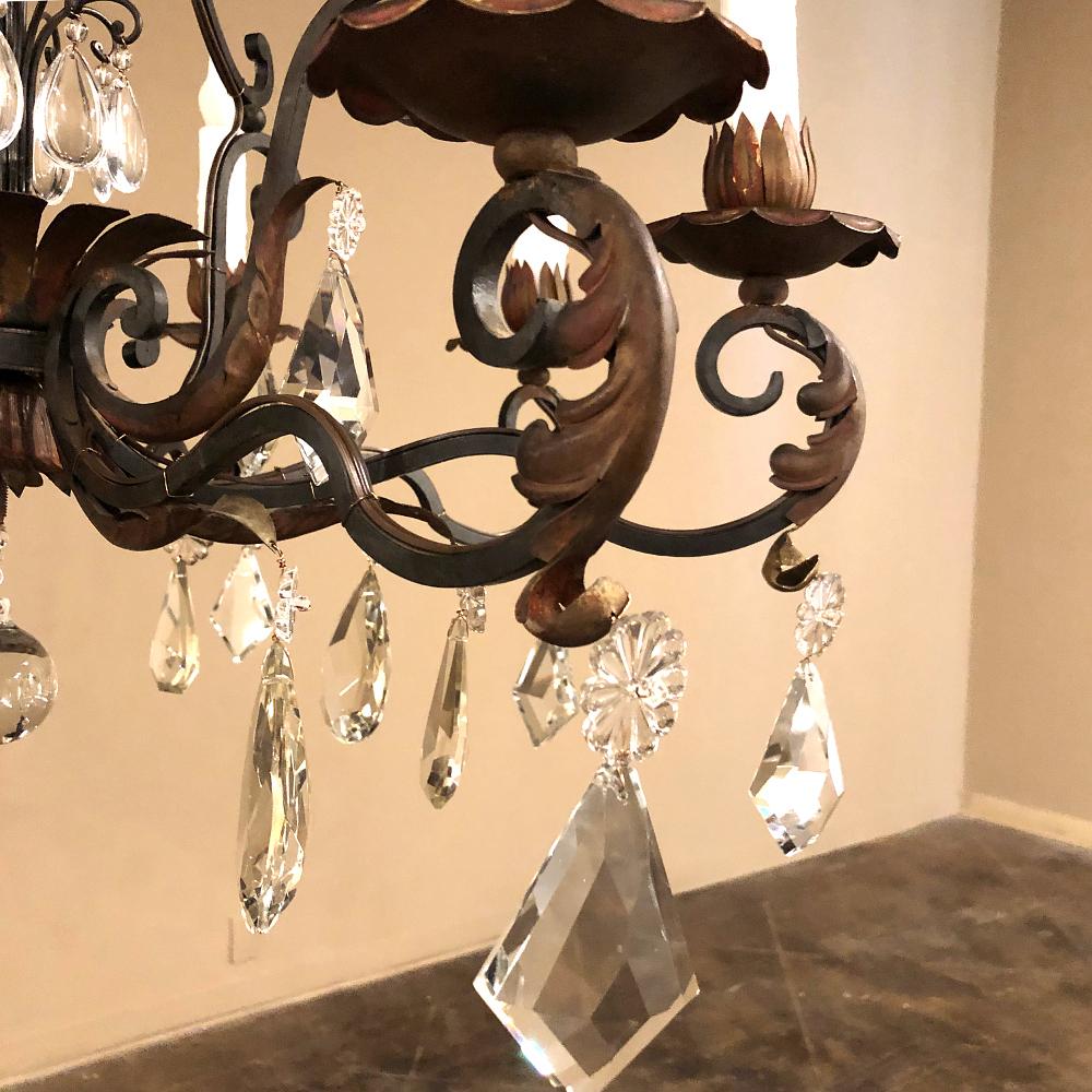 Antique Country French Wrought Iron & Crystal Chandelier For Sale 5