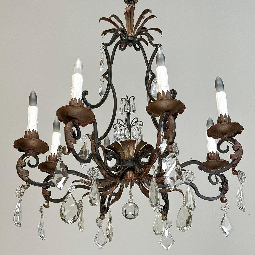 Antique Country French Wrought Iron & Crystal Chandelier For Sale 5