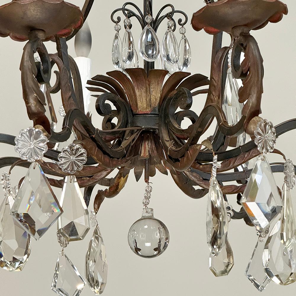 Antique Country French Wrought Iron & Crystal Chandelier For Sale 6