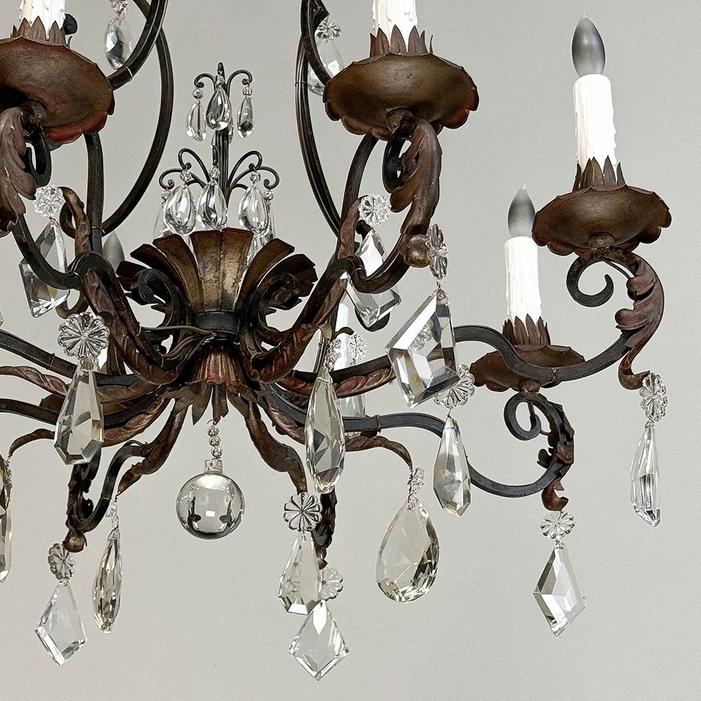 Antique Country French Wrought Iron & Crystal Chandelier For Sale 7