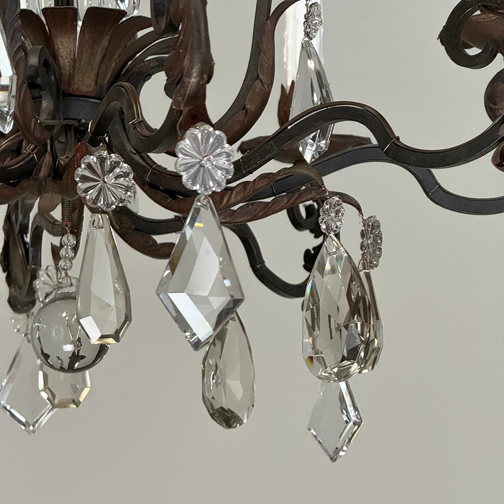 Antique Country French Wrought Iron & Crystal Chandelier For Sale 8