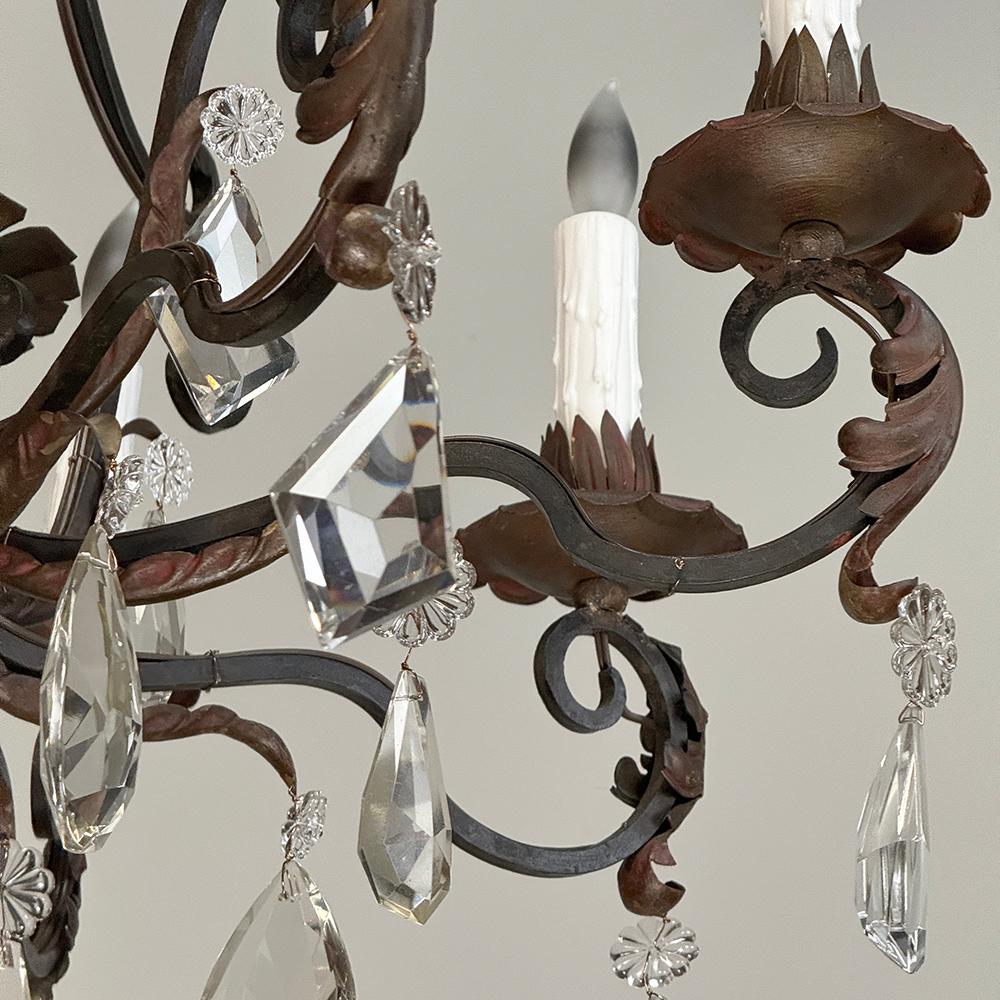 Antique Country French Wrought Iron & Crystal Chandelier For Sale 9