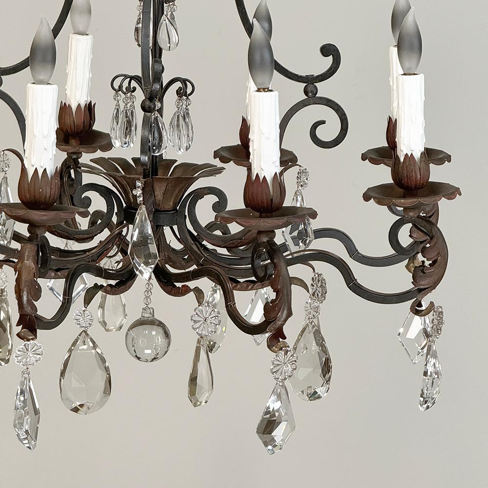 Antique Country French Wrought Iron & Crystal Chandelier For Sale 10