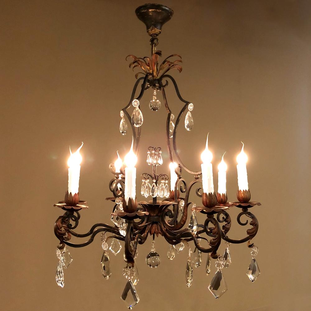 Louis XV Antique Country French Wrought Iron & Crystal Chandelier For Sale