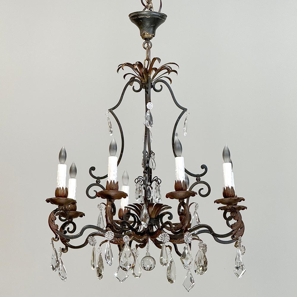 Louis XV Antique Country French Wrought Iron & Crystal Chandelier For Sale