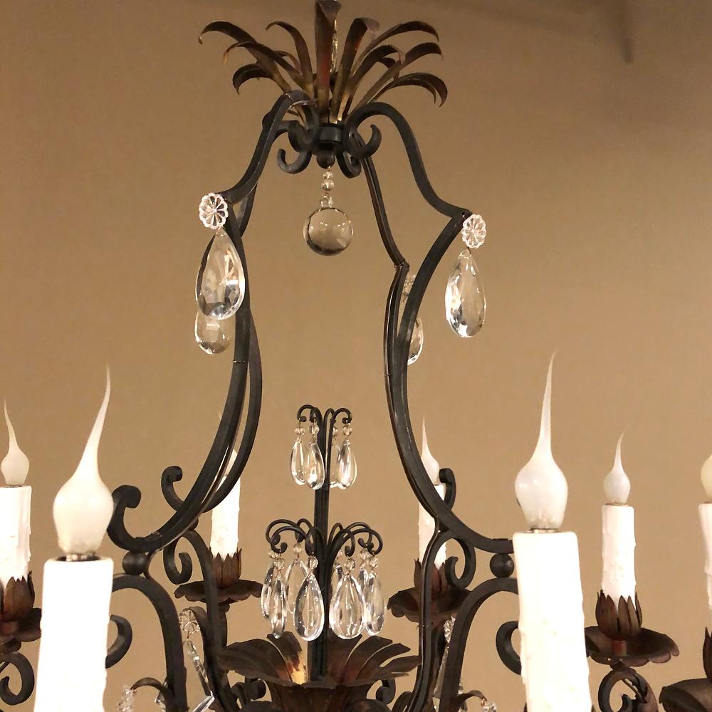 Hand-Crafted Antique Country French Wrought Iron & Crystal Chandelier For Sale
