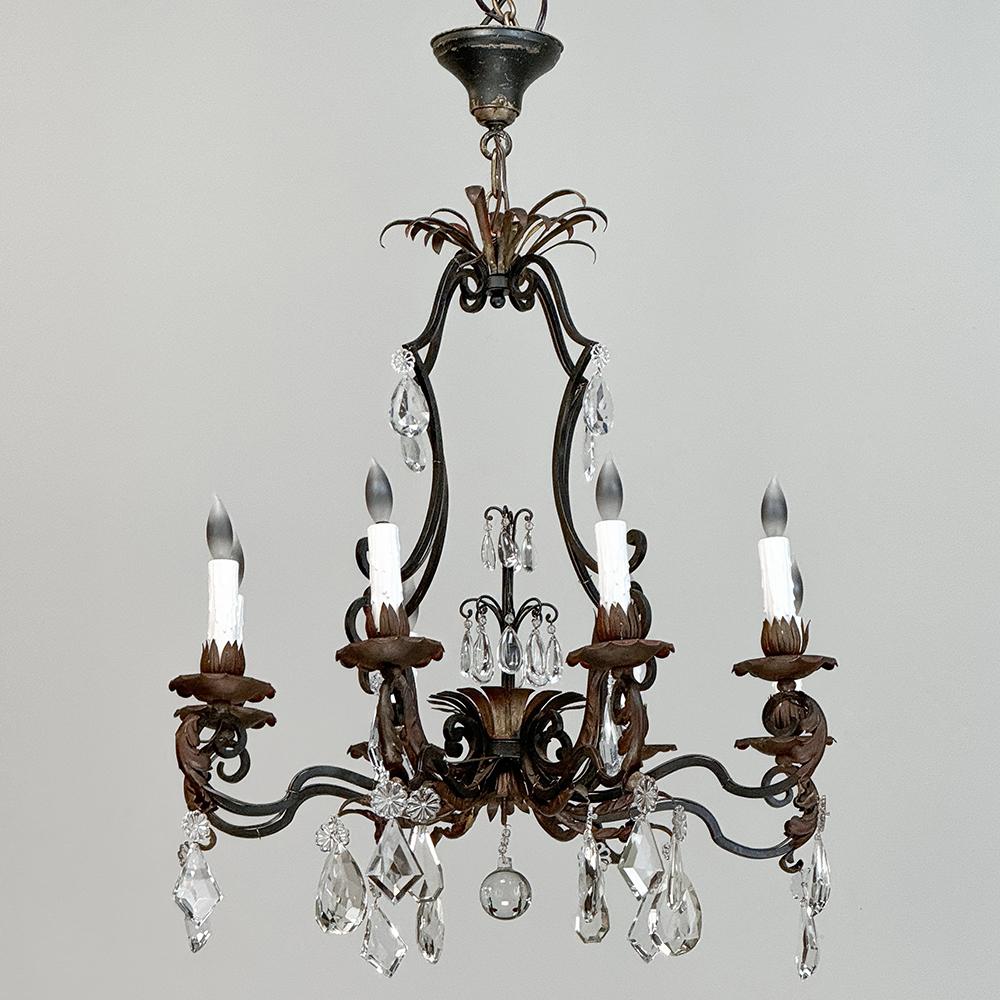 Hand-Crafted Antique Country French Wrought Iron & Crystal Chandelier For Sale