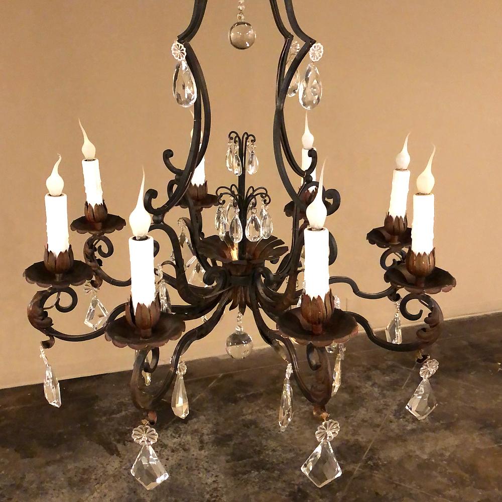 Antique Country French Wrought Iron & Crystal Chandelier In Good Condition For Sale In Dallas, TX