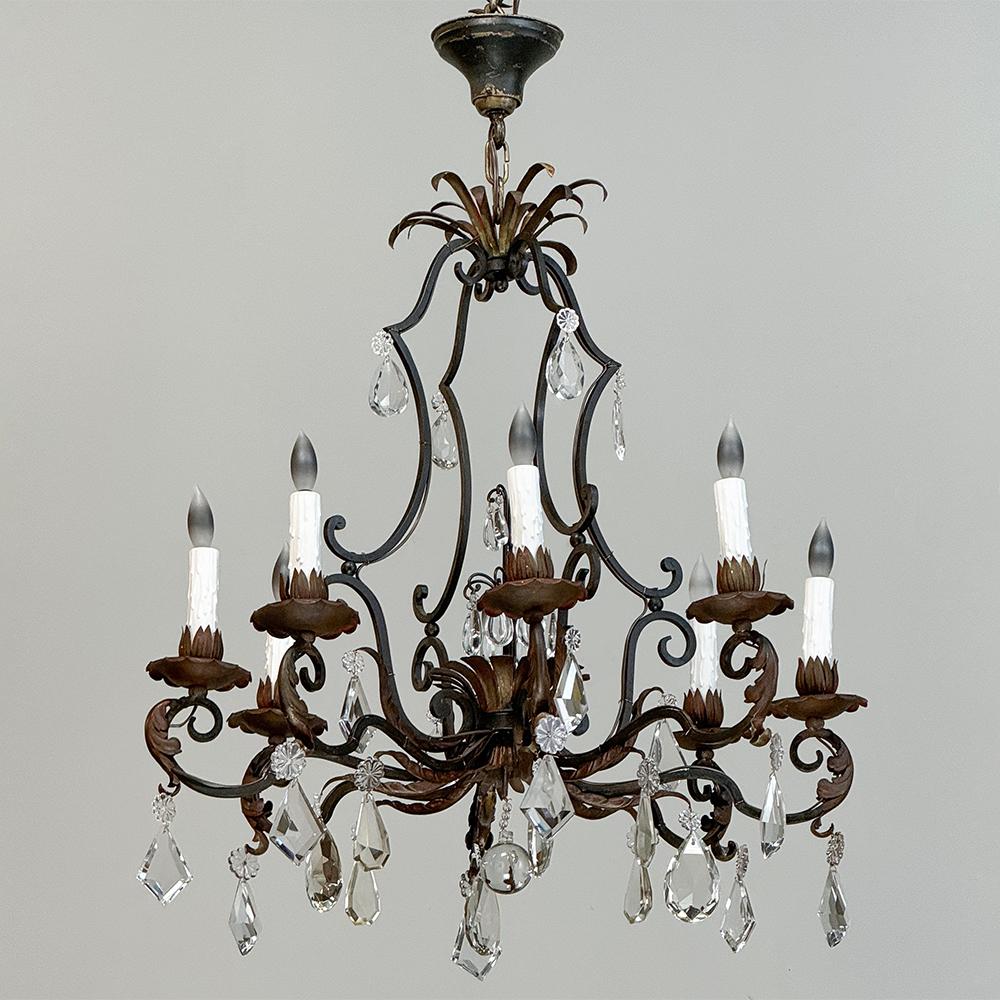 Antique Country French Wrought Iron & Crystal Chandelier In Good Condition For Sale In Dallas, TX