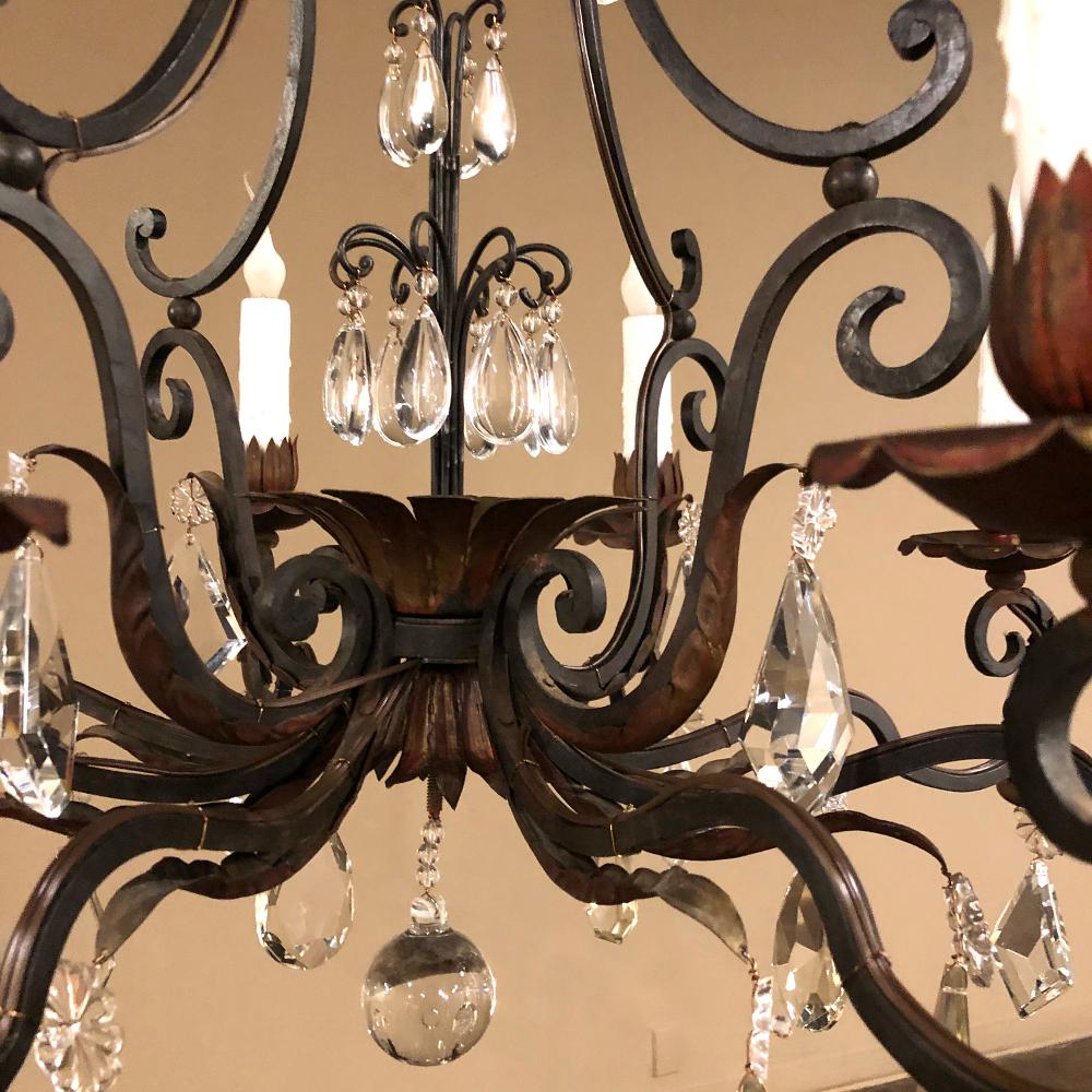 20th Century Antique Country French Wrought Iron & Crystal Chandelier For Sale