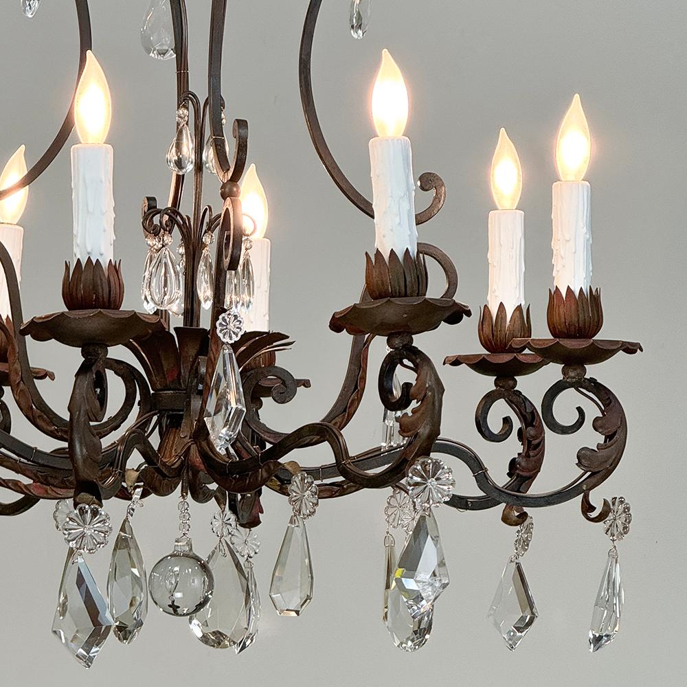 20th Century Antique Country French Wrought Iron & Crystal Chandelier For Sale
