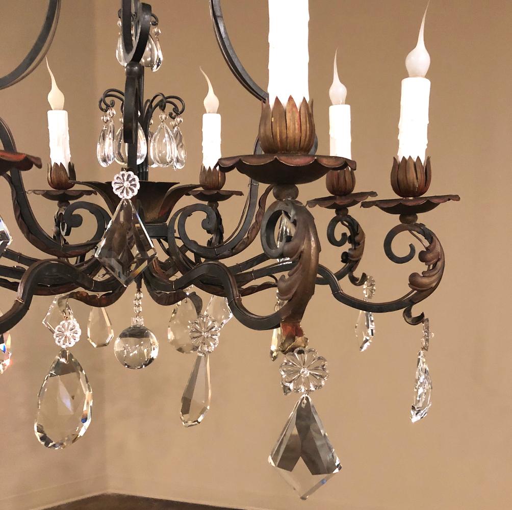 Antique Country French Wrought Iron & Crystal Chandelier For Sale 1