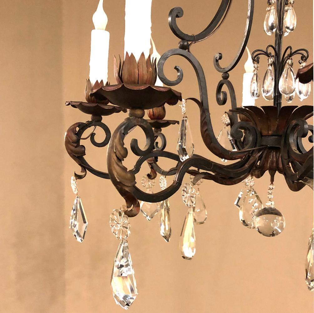 Antique Country French Wrought Iron & Crystal Chandelier For Sale 2