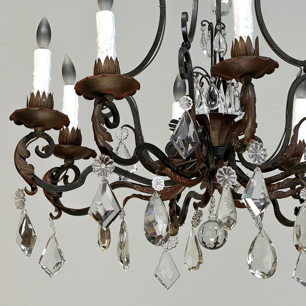Antique Country French Wrought Iron & Crystal Chandelier For Sale 2