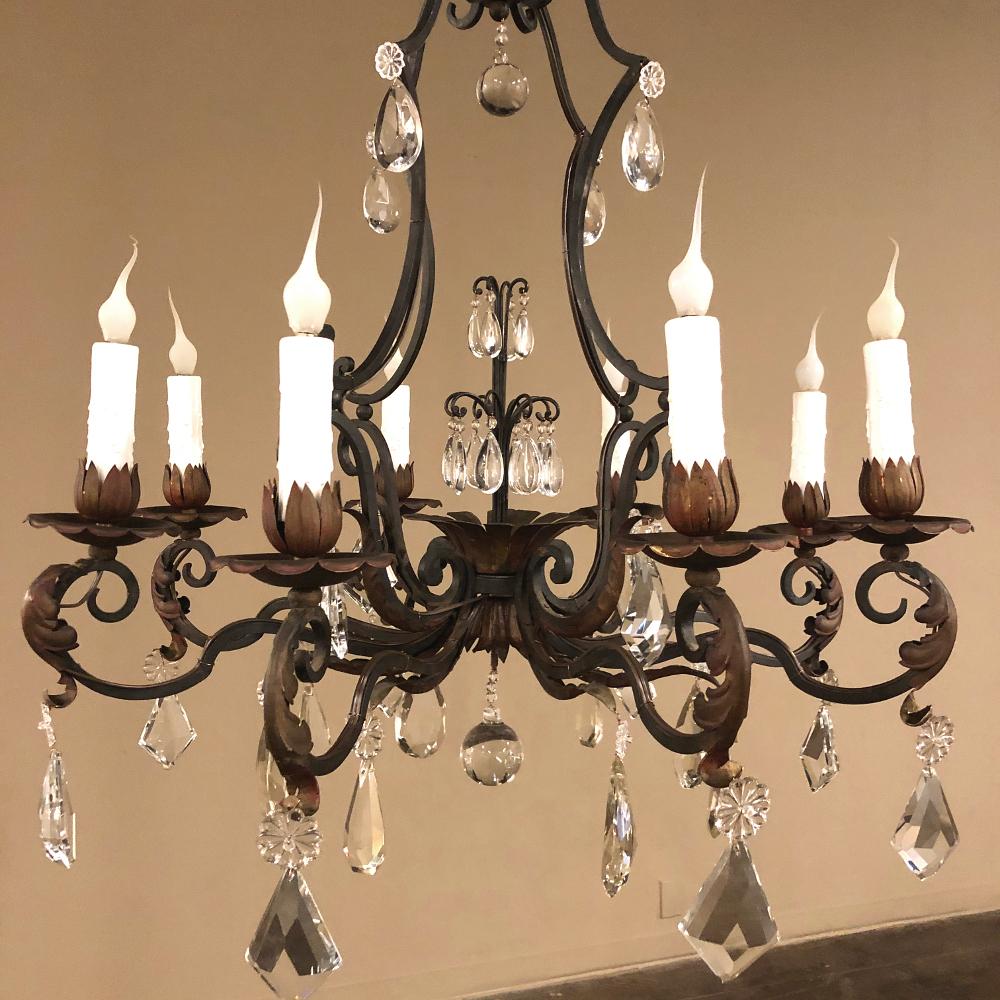 Antique Country French Wrought Iron & Crystal Chandelier For Sale 3