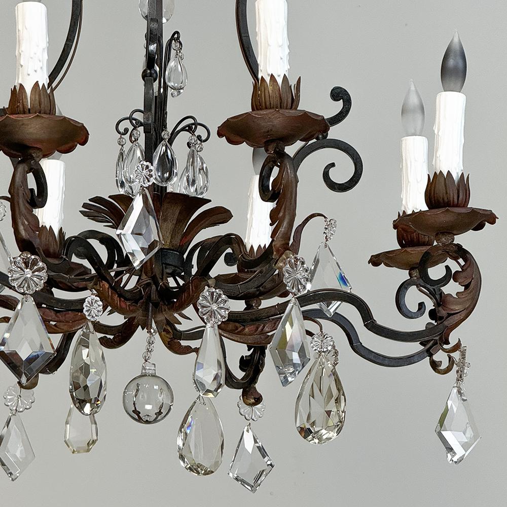 Antique Country French Wrought Iron & Crystal Chandelier For Sale 3