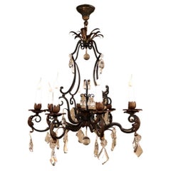 Antique Country French Wrought Iron & Crystal Chandelier