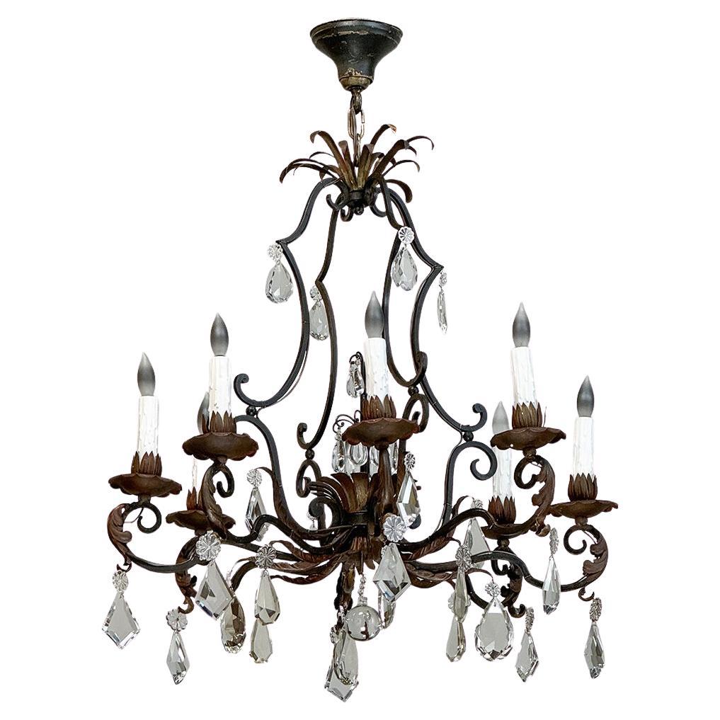 Antique Country French Wrought Iron & Crystal Chandelier
