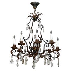 Antique Country French Wrought Iron & Crystal Chandelier
