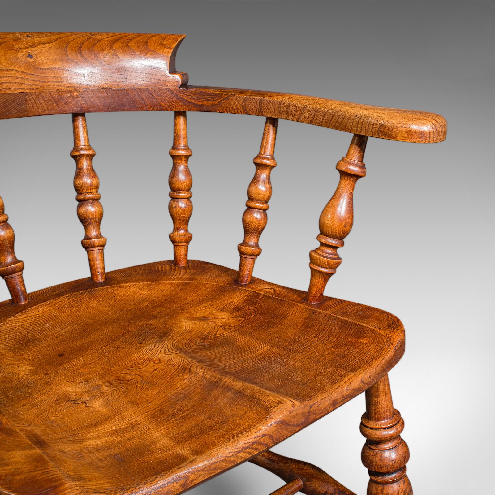 Antique Country House Captain's Chair, English Elm, Smoker's Bow Seat, Victorian For Sale 4