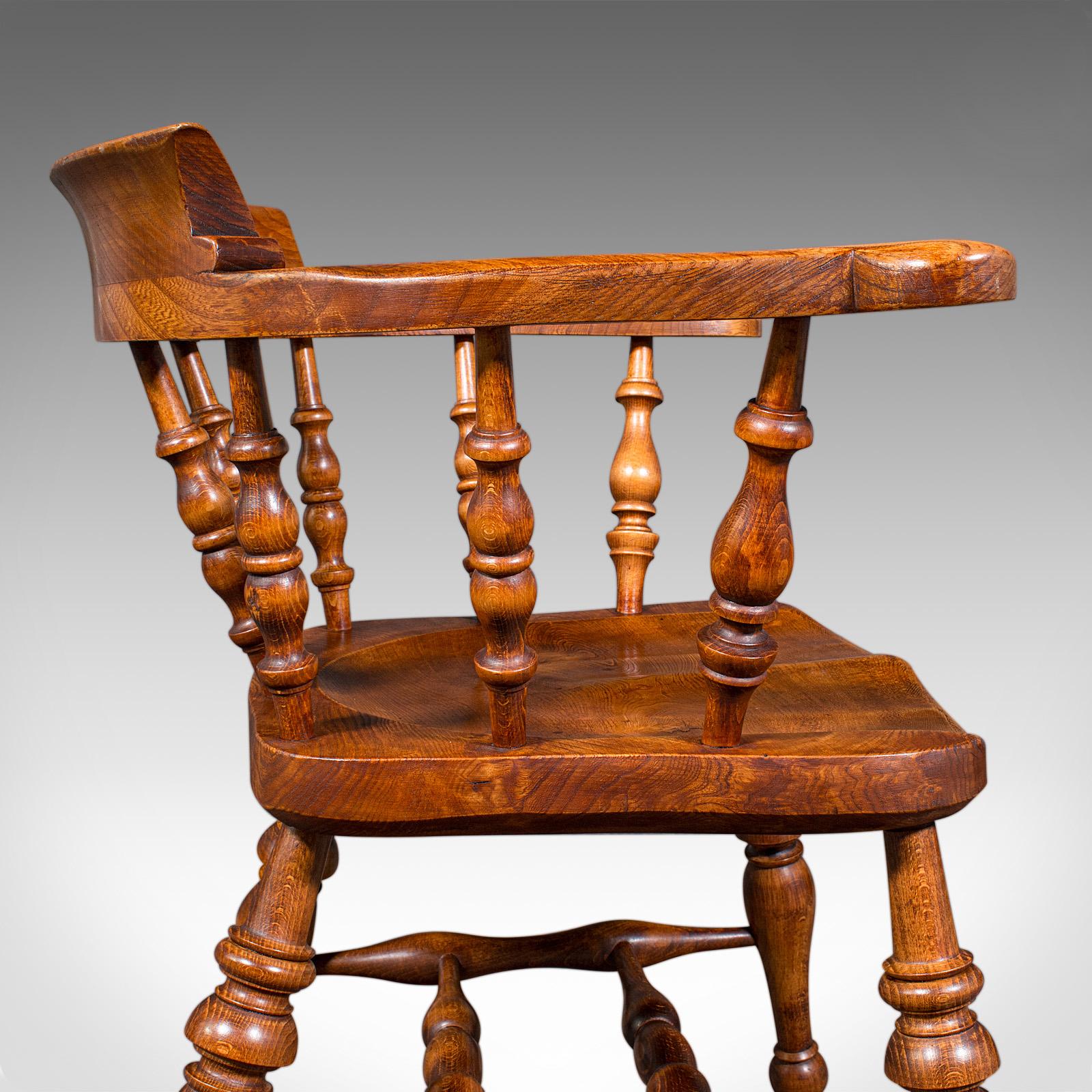 Antique Country House Captain's Chair, English Elm, Smoker's Bow Seat, Victorian For Sale 5