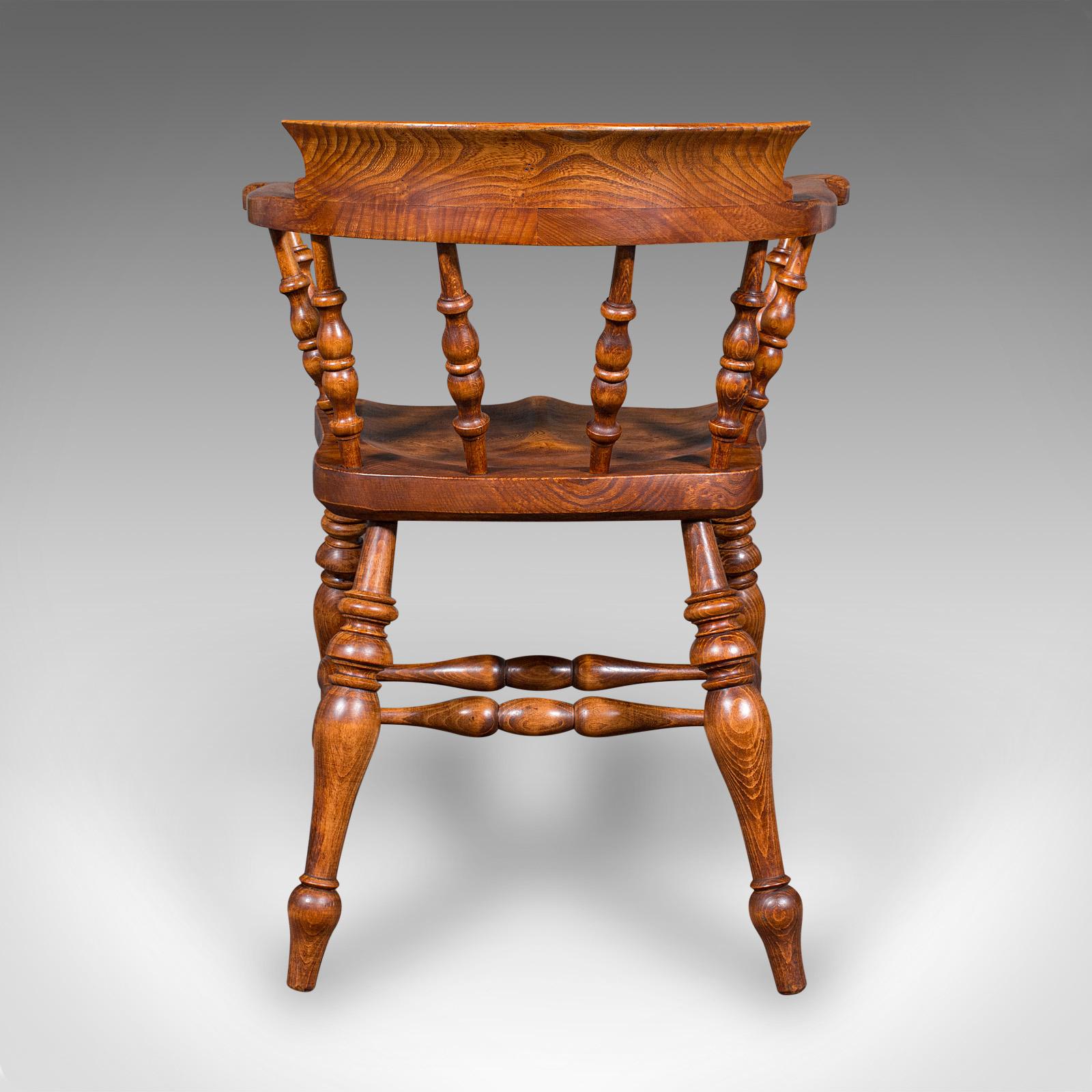 British Antique Country House Captain's Chair, English Elm, Smoker's Bow Seat, Victorian For Sale