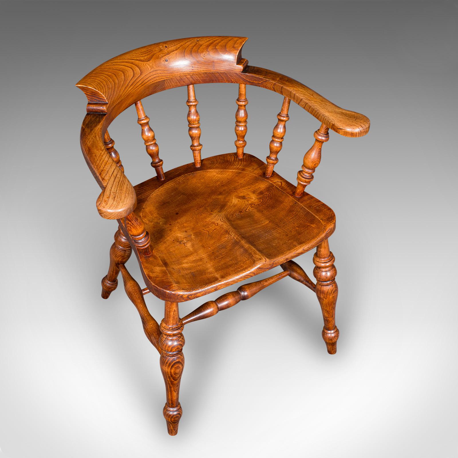 Early 20th Century Antique Country House Captain's Chair, English Elm, Smoker's Bow Seat, Victorian For Sale