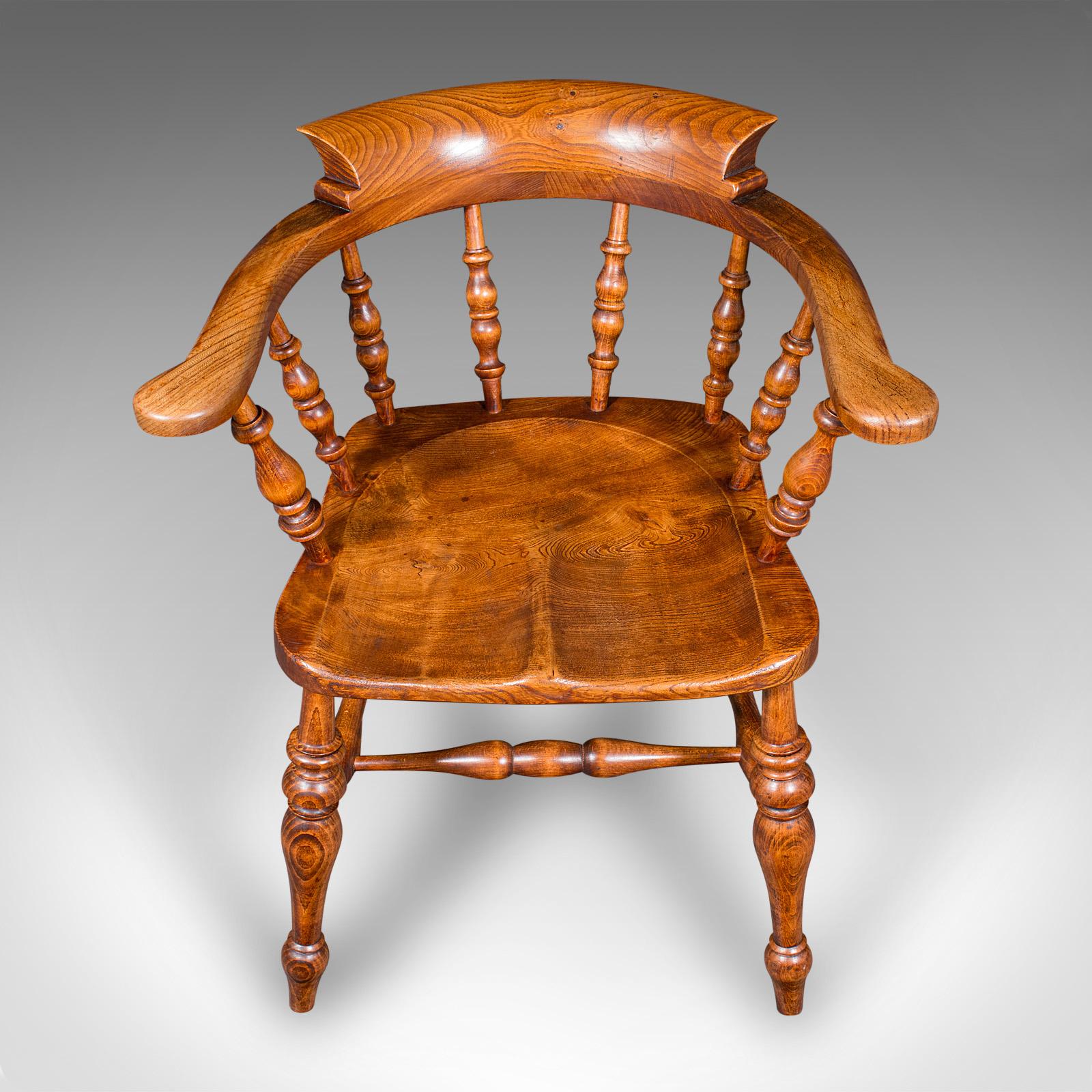 Antique Country House Captain's Chair, English Elm, Smoker's Bow Seat, Victorian For Sale 1
