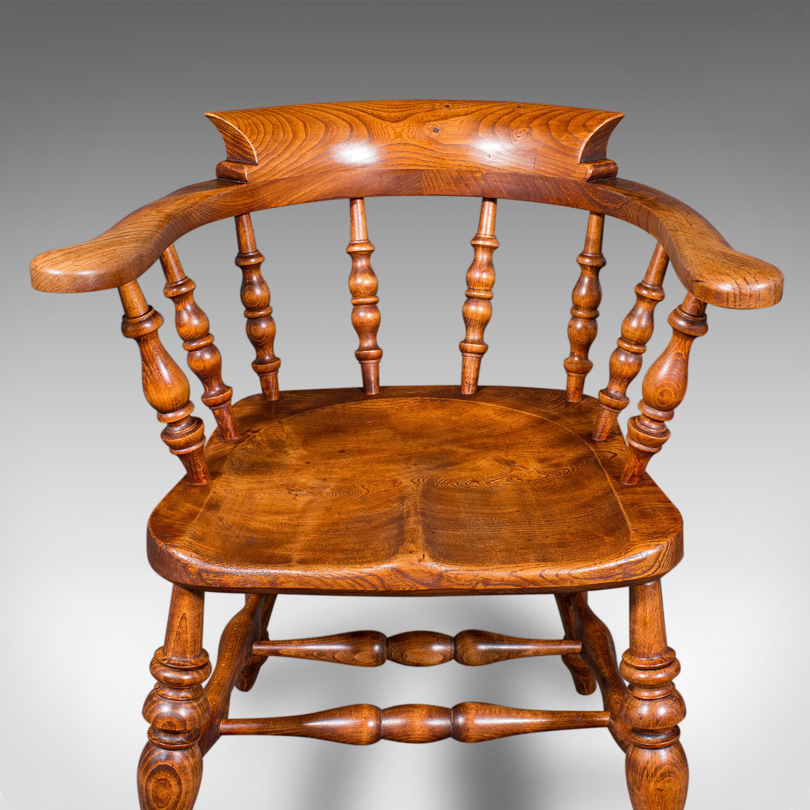 Antique Country House Captain's Chair, English Elm, Smoker's Bow Seat, Victorian For Sale 2