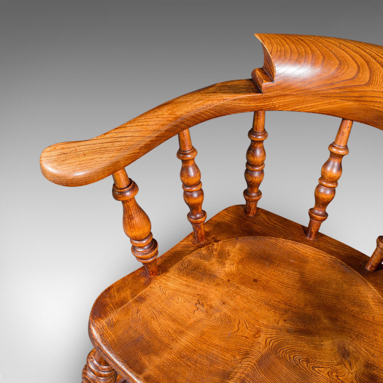 Antique Country House Captain's Chair, English Elm, Smoker's Bow Seat, Victorian For Sale 3