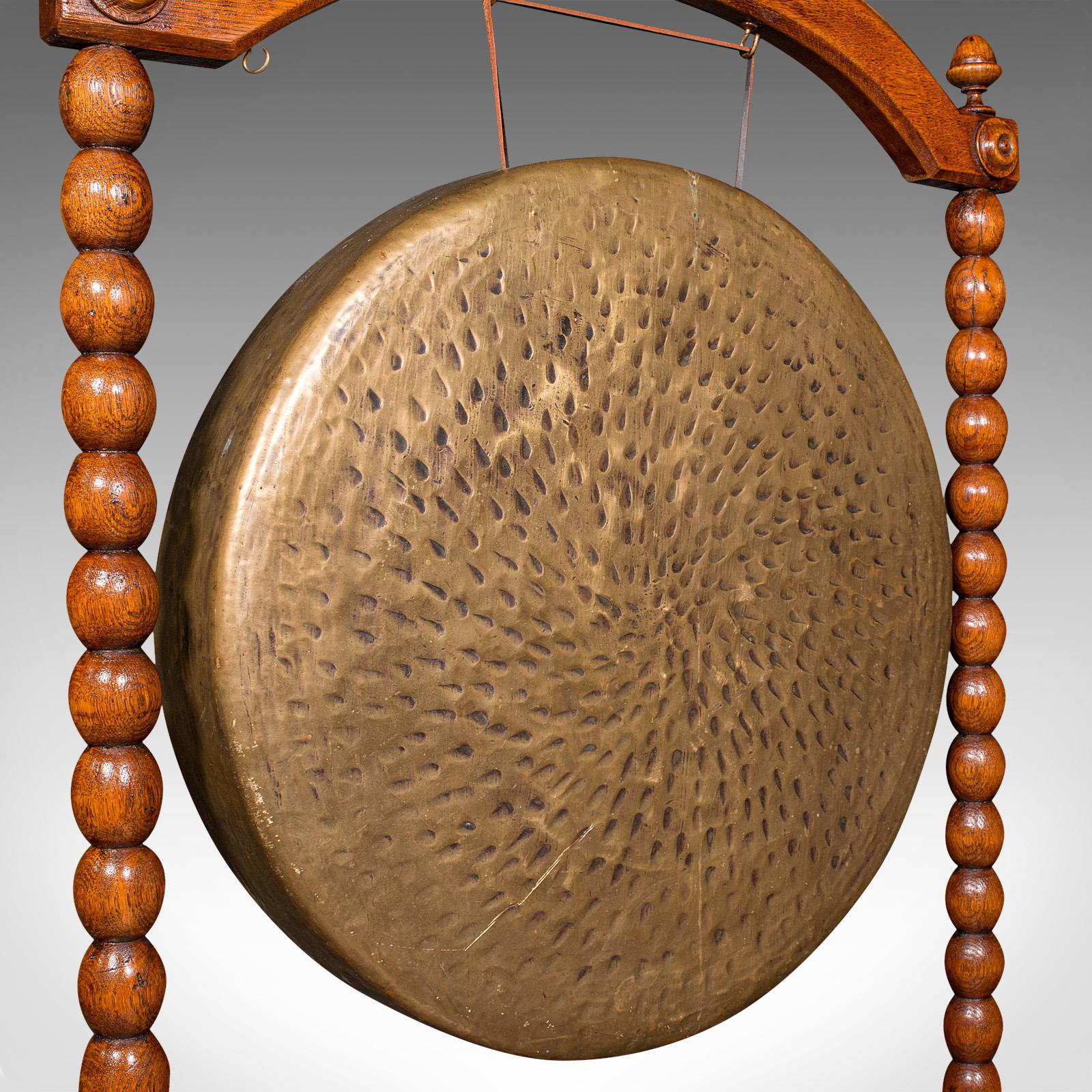 Bronze Antique Country House Dinner Gong, English, Bobbin Turned Oak, Victorian, C.1890 For Sale