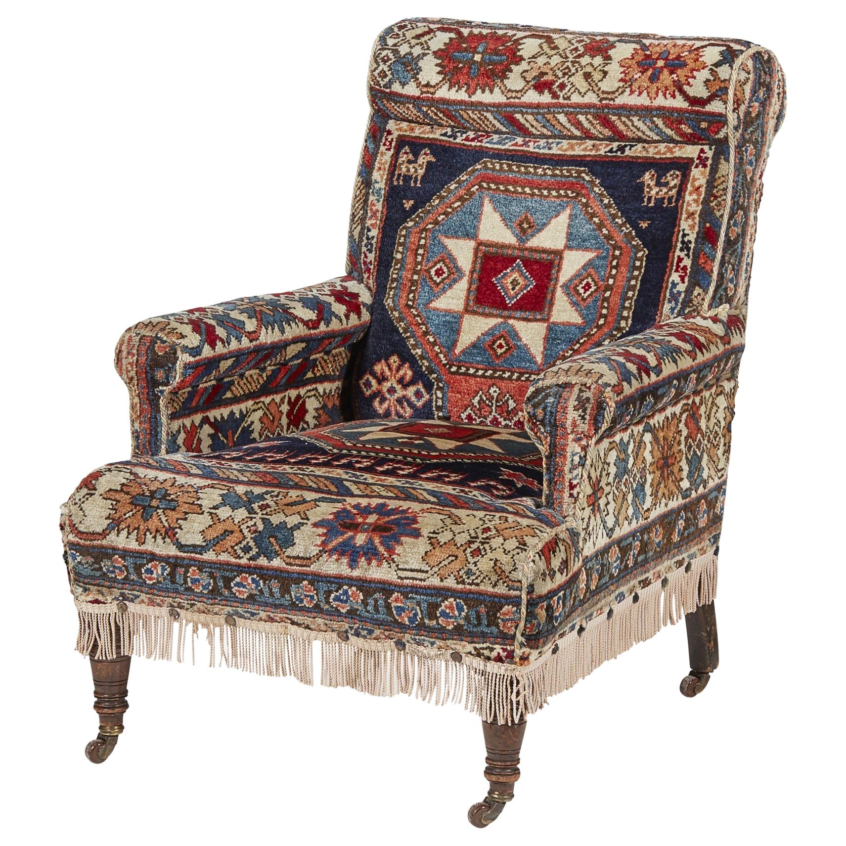 Antique Country House Library Carpet Kilim/Kelim Gothic Revival Armchair For Sale