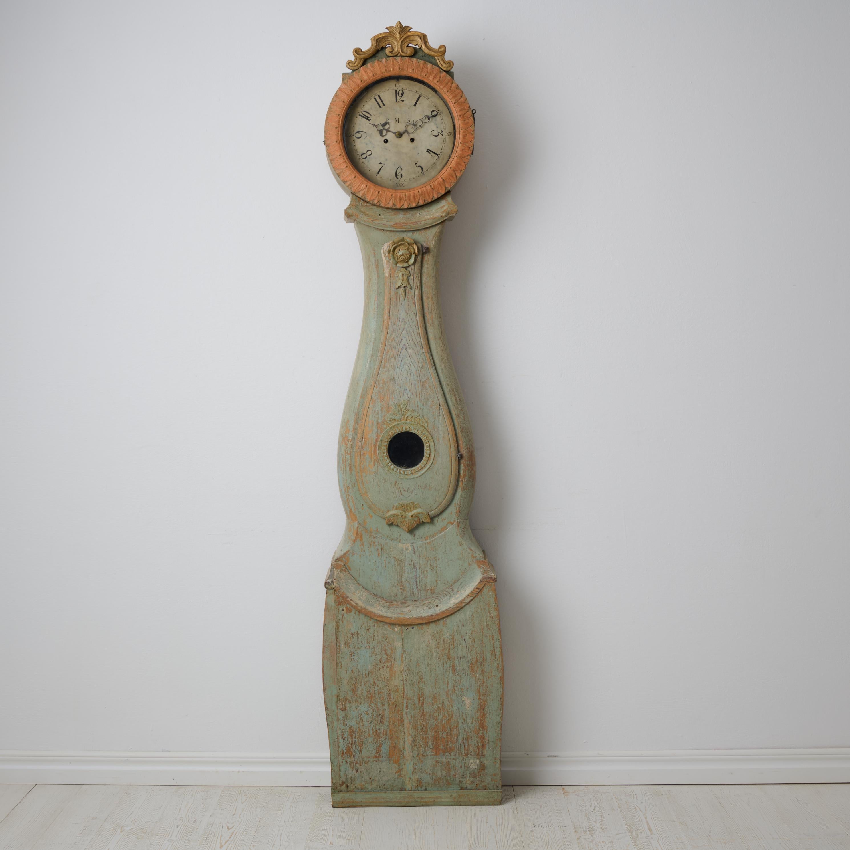 19th Century Antique Country Long Case Clock in Rococo Style from Sweden with Original Paint For Sale